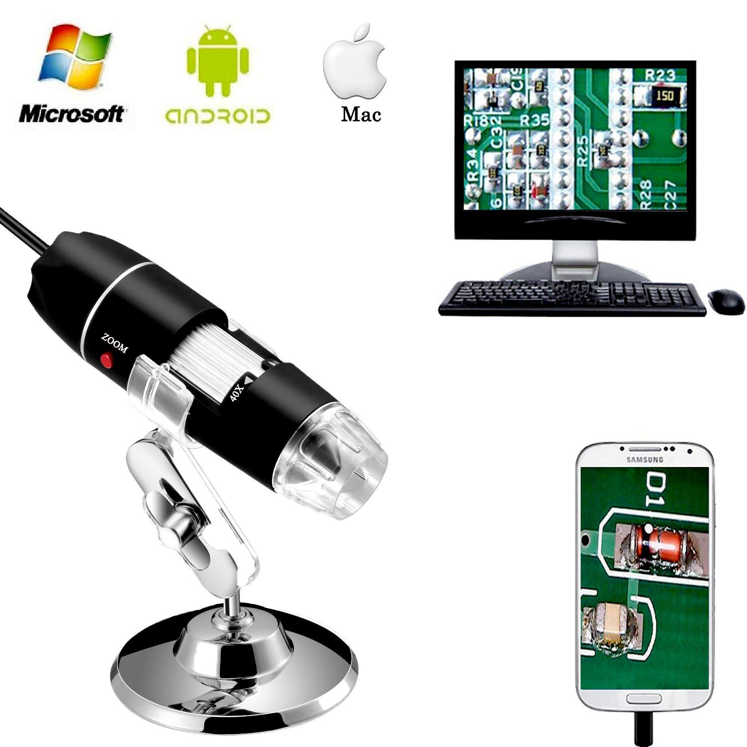 Built-in 8pc led Lights USB Microscope MAC Digital Microscope,1000 x High Resolution Camera HD USB Magnification Endoscope with OTG Adapter and Metal Stand 