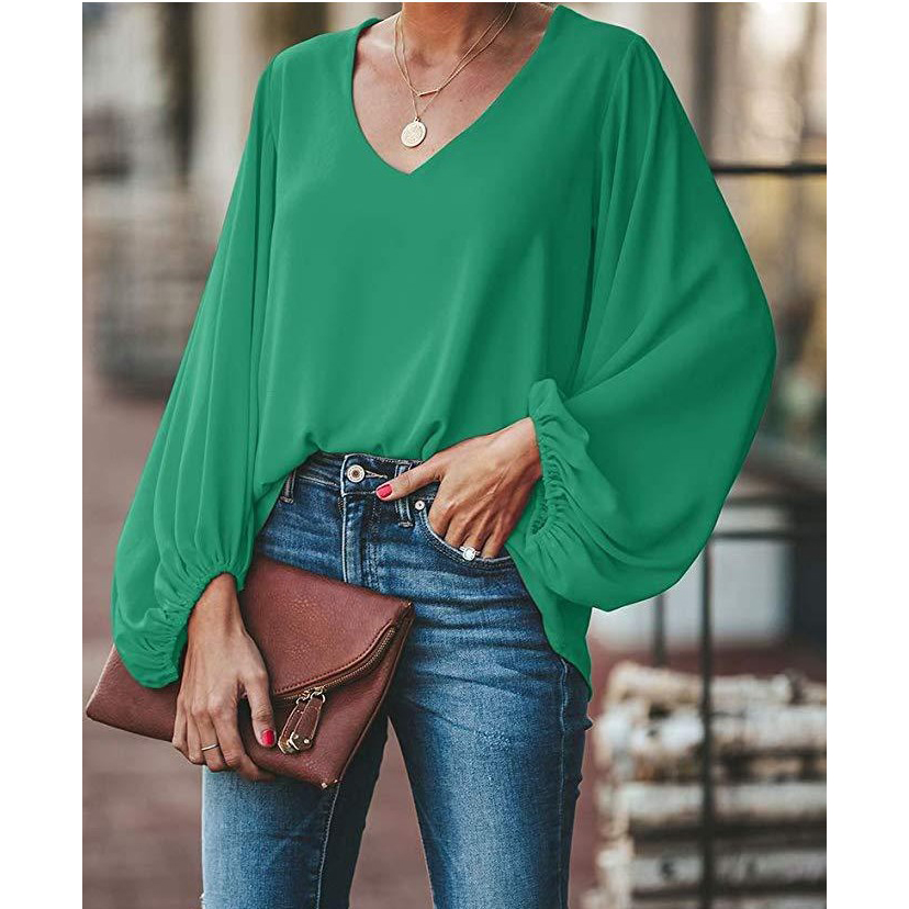 V Neck Lantern Sleeve Chiffon Blouse 5145