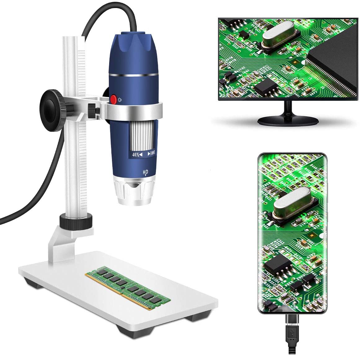 USB Digital Microscope Camera 1000x 1920x1080P Portable Magnification Endoscope Stand for Android Mac Windows Chrome